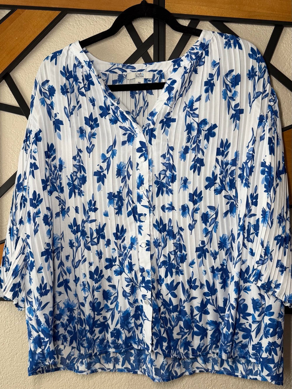 croft & barrow White Button-Down Blouse with Blue Floral Print